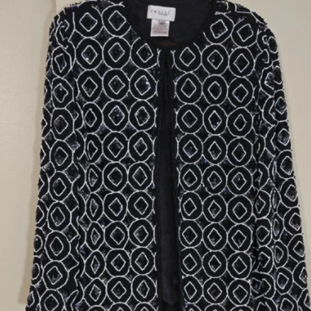 Papell Boutique Black & White Beaded/ Sequined Jacket w/ Geometric Pattern Med.